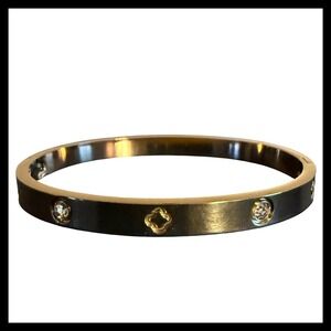 NWOT Designer Inspired Clover Charm Bangle Bracelet Gold Rhinestone Embellished